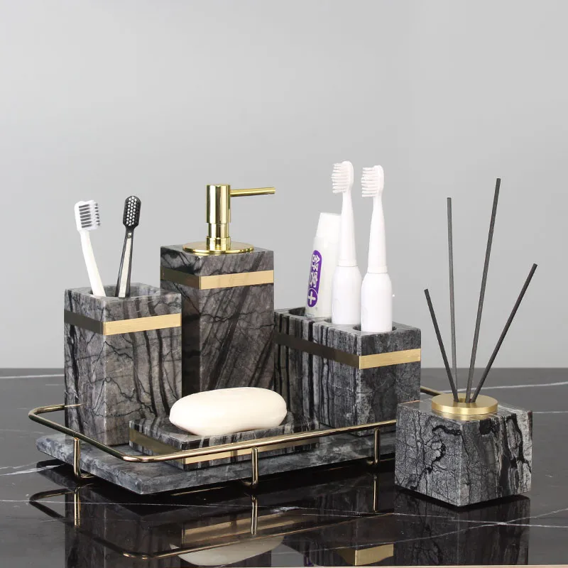 Tuqiu Bathroom Accessories Set Marble Gold Soap Dispenser Tooth Brush Holder Cotton Swab Box Luxury Bathroom Hardware Set