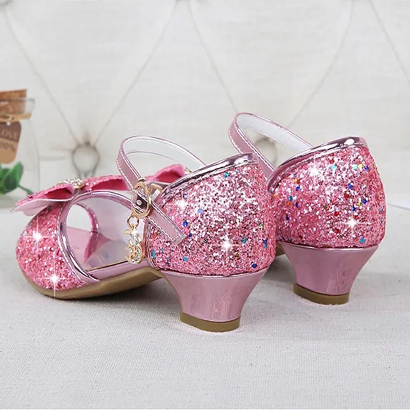 Girls Sandals Rhinestone Butterfly Latin Dance Kids Shoes Children High Heel Princess Shoes Glitter Leather Party Dress Wedding