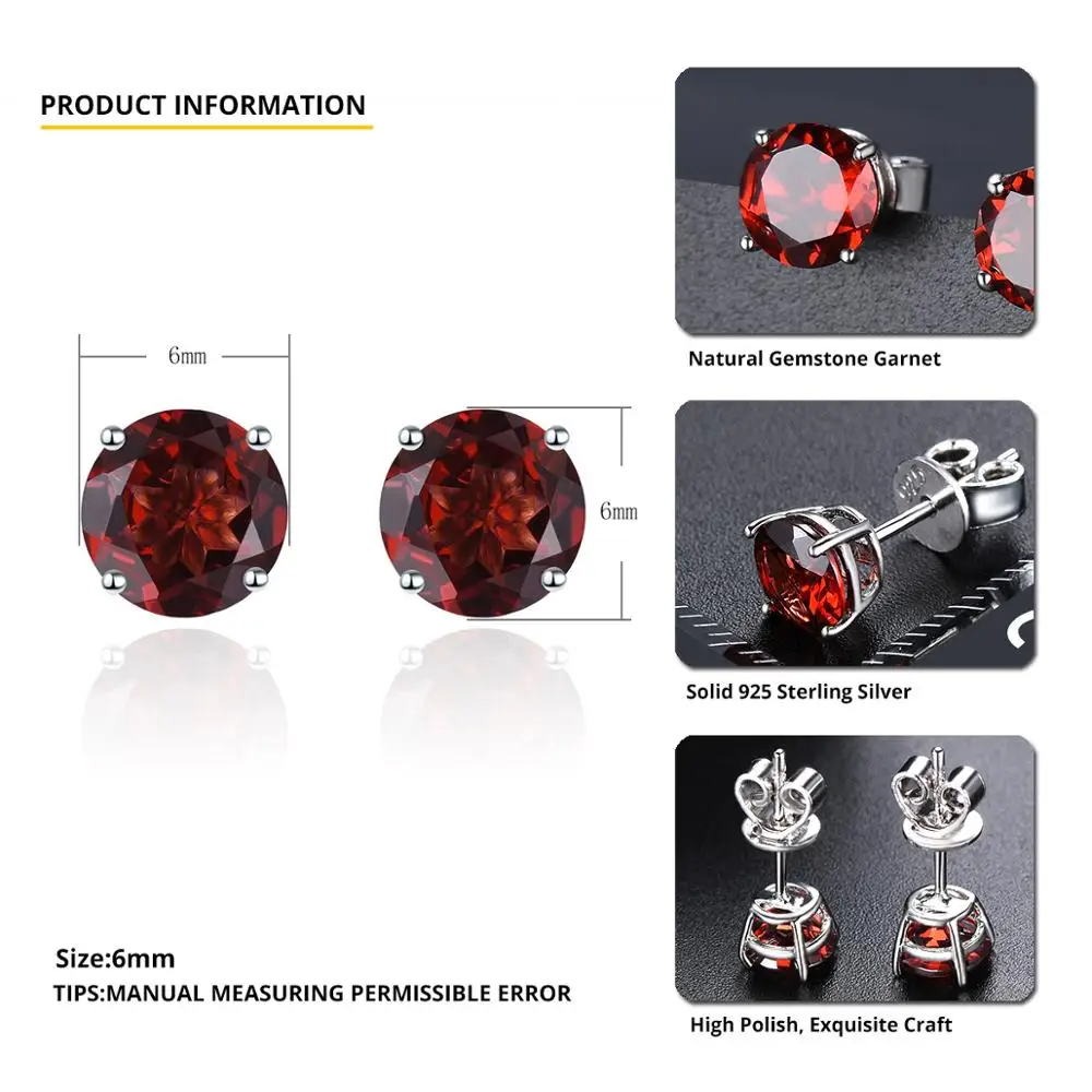 Hutang 6mm Round Garnet 925 Silver Stud Earrings Genuine Red Gemstone Solid 925 Sterling Silver Fine Elegant Simple Jewelry Gift