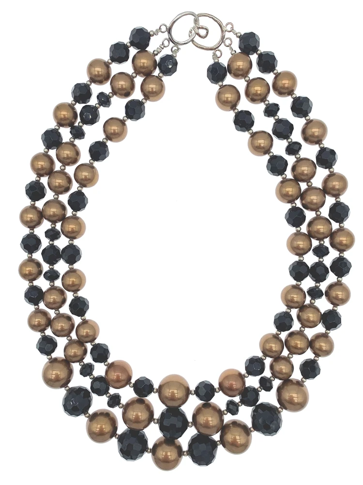 3 Strands Of Graduated Brown Shell Pearls Necklace with Faceted Cut Black Onyx Statement For Women Girls Gifts 18 Inch