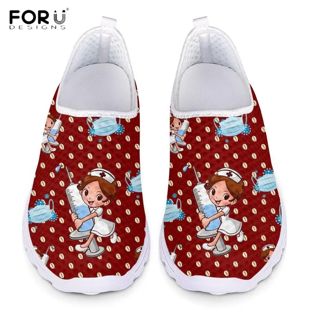 FORUDESIGNS Cute Caroon Nurse Pattern Flats Sneakers Women Brand Design Ladies Casual Summer Slip On Shoe Fashion Women Footwear