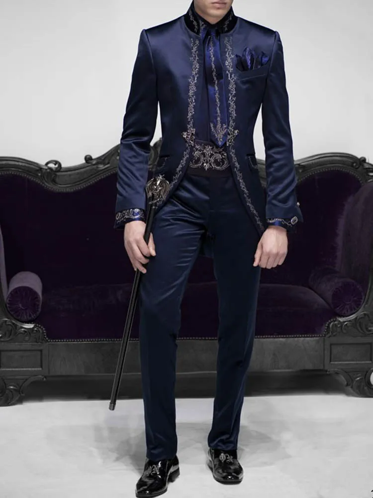 Tailor Made Italian Embroidery Navy Blue Men Suits Slim Fit Groom Prom  2 Piece Male Blazer Luxury Brand Jacket+Pants