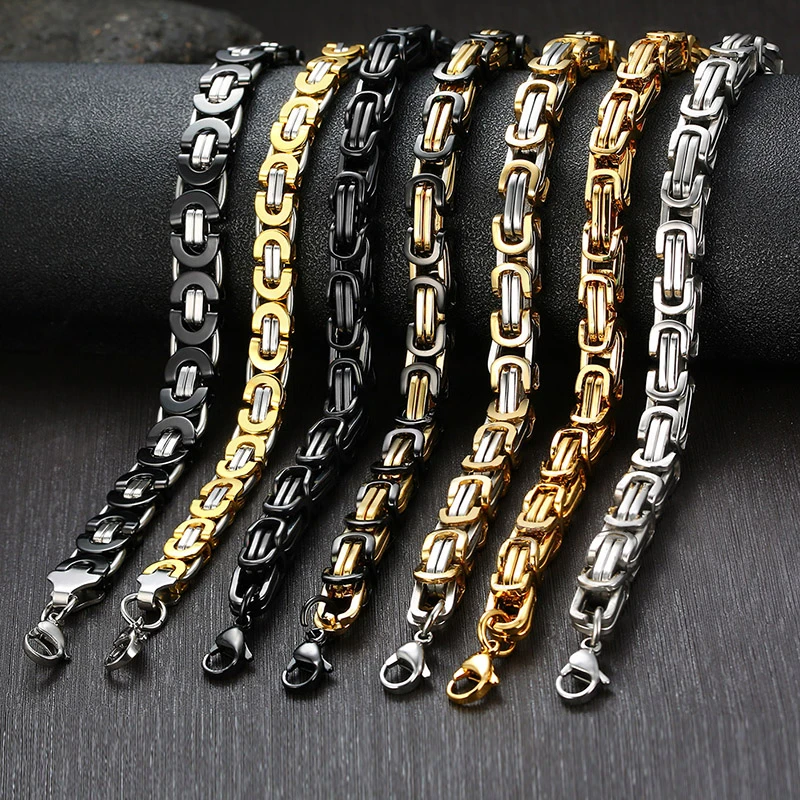 Vnox Punk Heavy Byzantine Chain Men\'s Bracelet Solid Thick Metal Stainless Steel Cubic Link Chain Chunky Gothic Rock Wristband