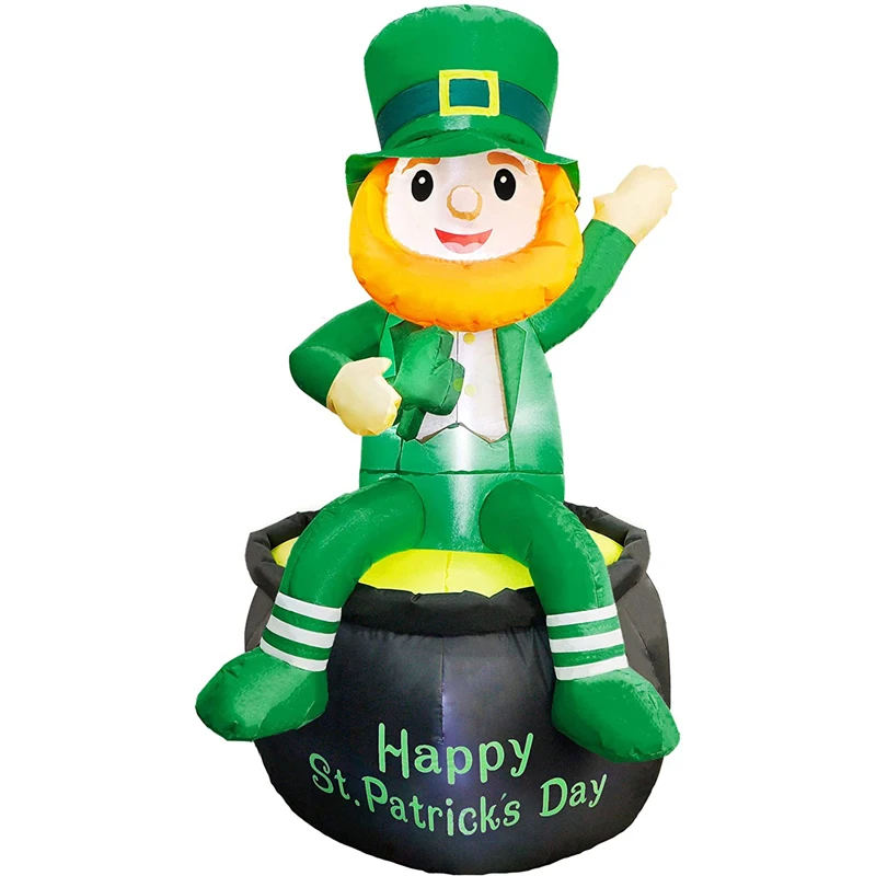 

5ft St Patricks Day Inflatable Yard Decorations Lighted Blow Up Leprechaun Holding Shamrock Sitting on A Pot of Gold Outdoor Toy