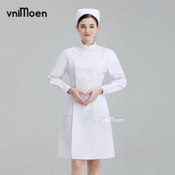 Uniforme médico de longitud completa para mujer, bata blanca, chaqueta de enfermería, ropa de trabajo veterinaria, SPA, esteticista, médico