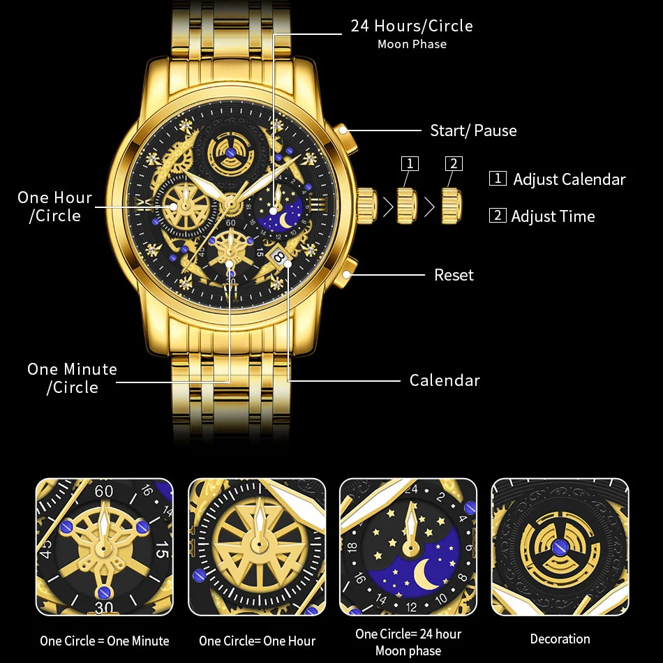 WWOOR 2024 New Fashion Design Mens Watches Top Brand Luxury Gold Stainless Steel Waterproof Sports Chronograph Relogio Masculino