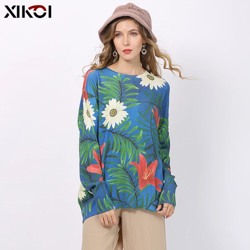 XIKOI Women Casual Printed Sweaters Pullovers Winter Trendy O-Neck Loose Knitted Clothing Casual Femme Pullovers Plus Size Pull