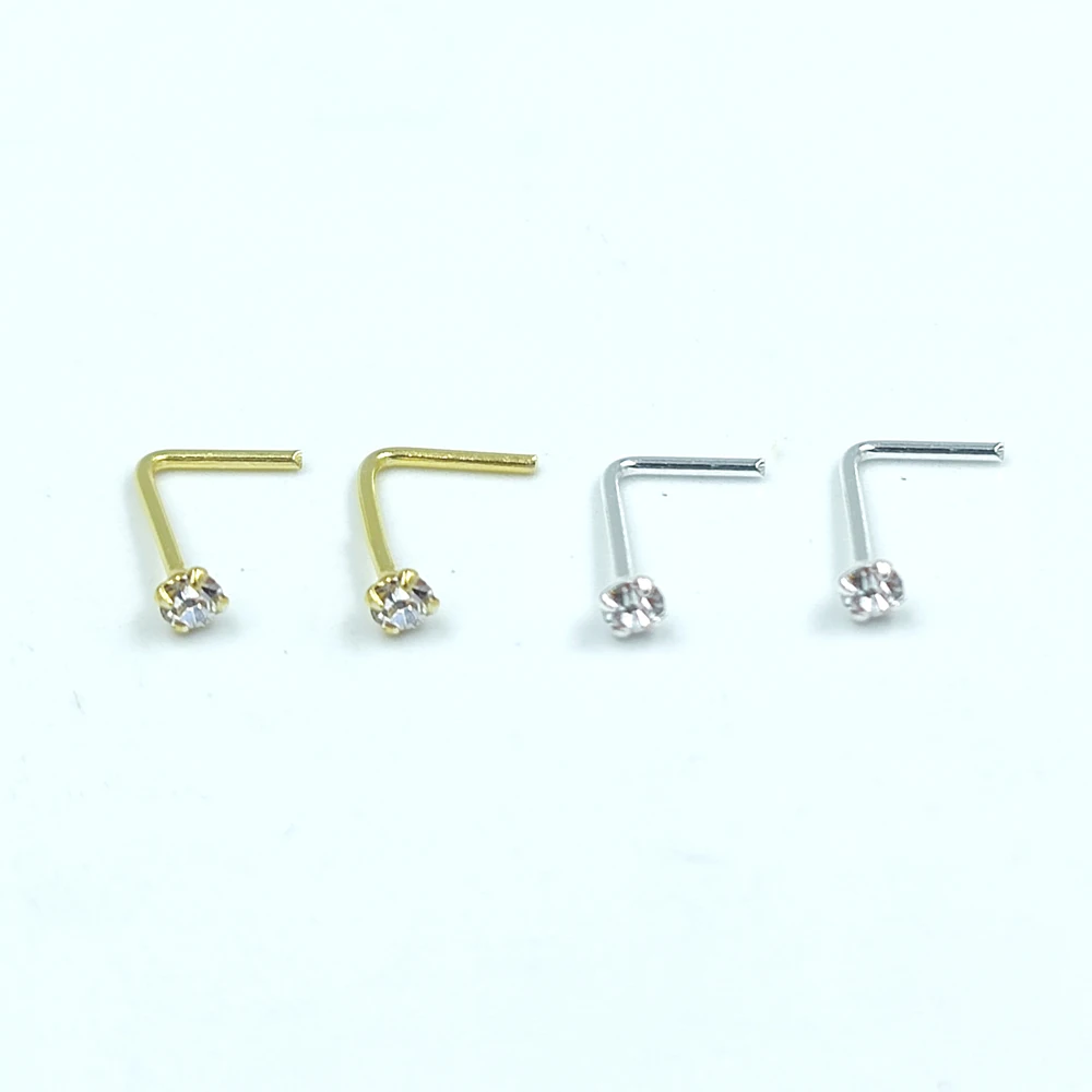 50pcs/lot 925 Sterling Silver nose piercing Clear Crystal L Shape Nose Studs Pin Nez Piercing Body Jewelry