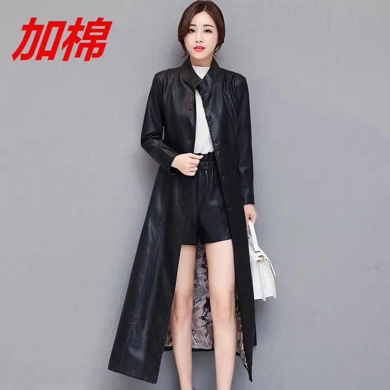 5XL Women Red PU Leather Trench Coat Autumn Long Jacket Button Warm Thick Temperament PU Leather Windbreaker With Belt 2023 New