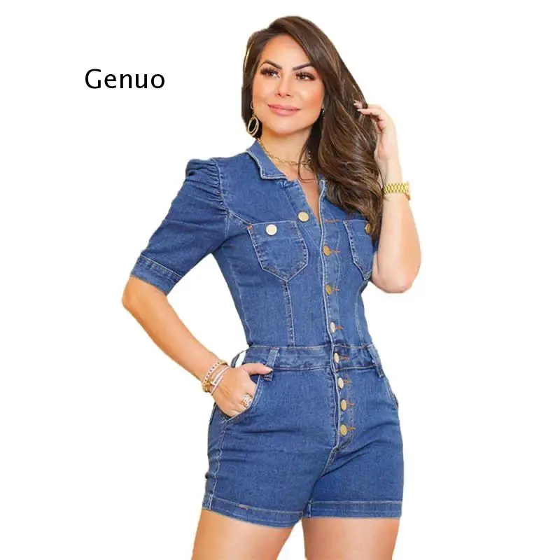 Women Summer Fashion Streetwear Denim Playsuit Short Sleeve Button Up Bodycon Skinny Short Romper Jumpsuit Bodysuit