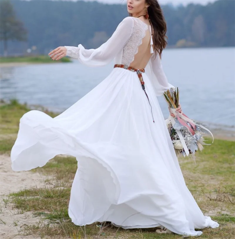 Vestido de boda de cola y cuello de barco, manga larga nupcial, corte en A, corte de encaje, Espalda descubierta, romántico