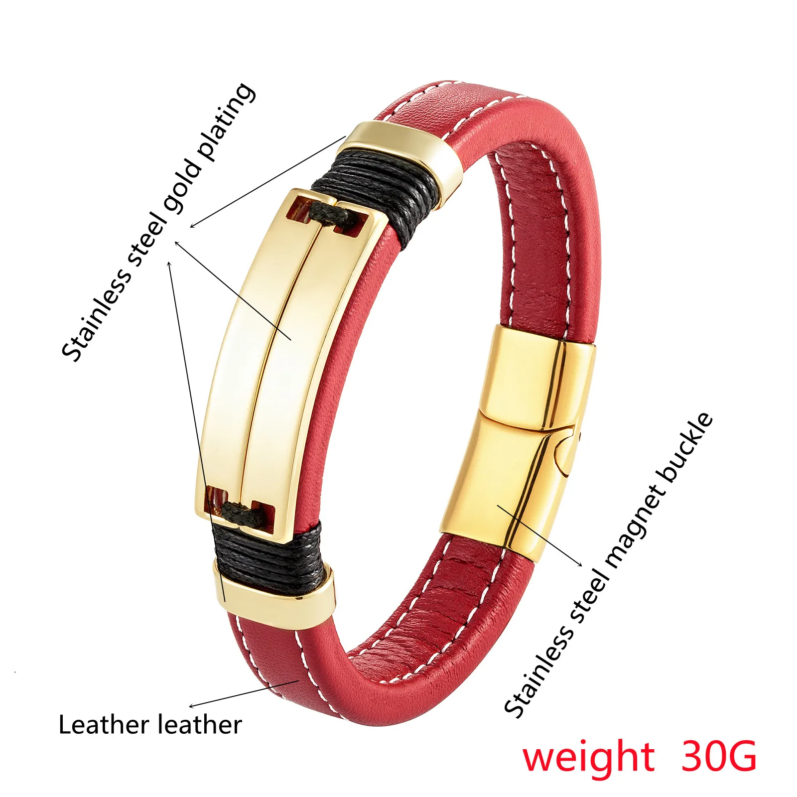 Double Row Glossy Stainless Steel Trendy Cool Jewelry Unisex Couple Punk Bracelet Charm Wide Leather Red Bracelet