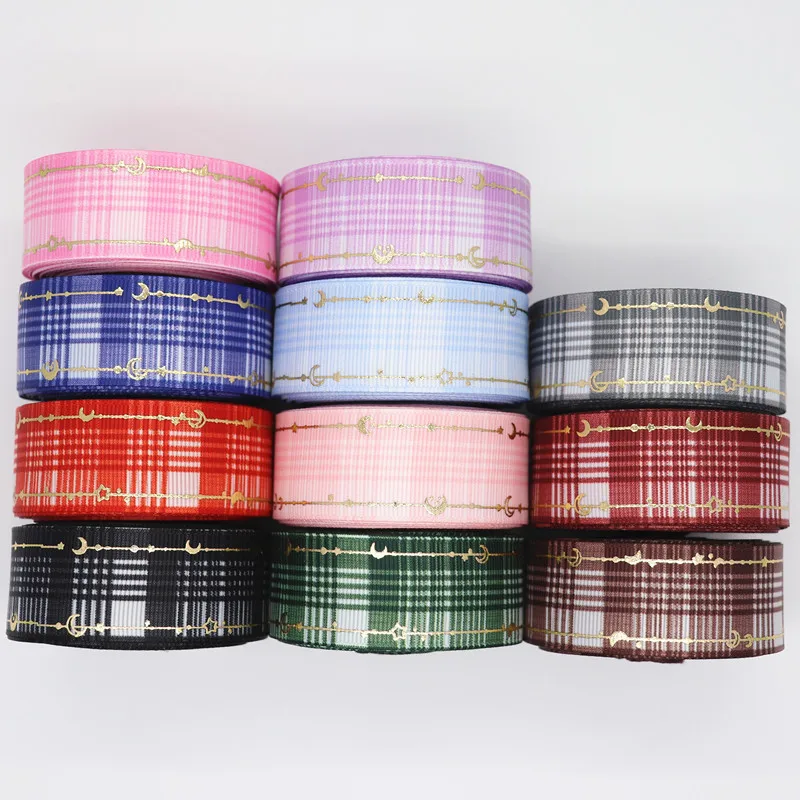 Cinta de grogrén con hojas doradas para el pelo, listón con estampado de celosía para lazos, manualidades DIY, accesorios hechos a mano, 10 yardas, 1 pulgada, 25MM, M20031401