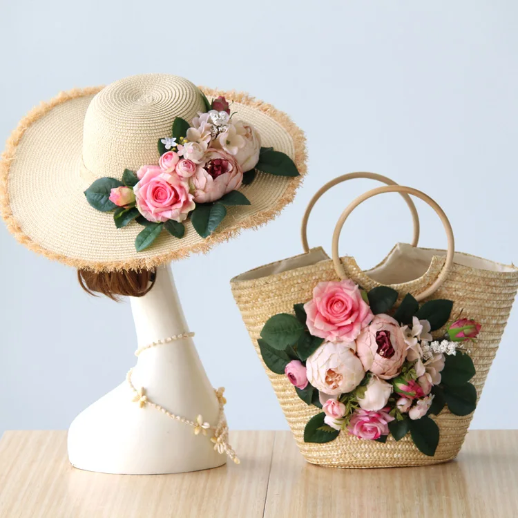 Original Design Women Fashion Summer Rattan Beach Bag Multicolor Artificial Flower Weave Straw Tote Handbag Vacation Hat Set