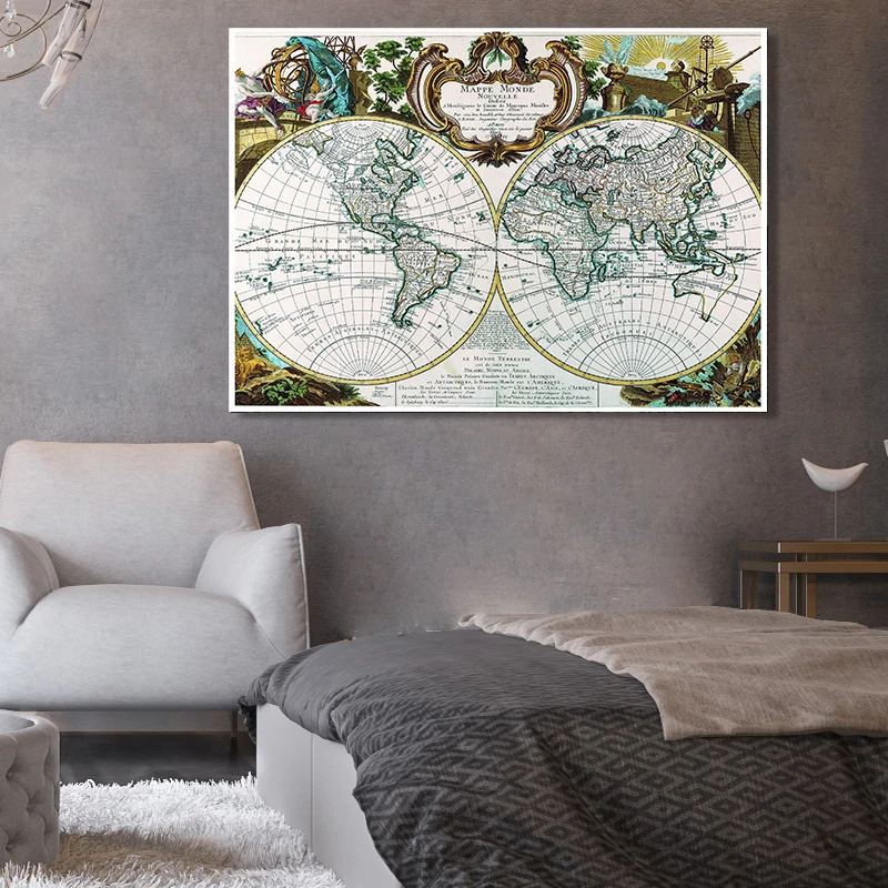 90X60Cm Retro Thế Giới Quả Cầu Bản Đồ Trang Treo Tường Vintage Trang Trí Hình Dán Tường Thẻ Phòng Khách trang Trí Nhà Cửa