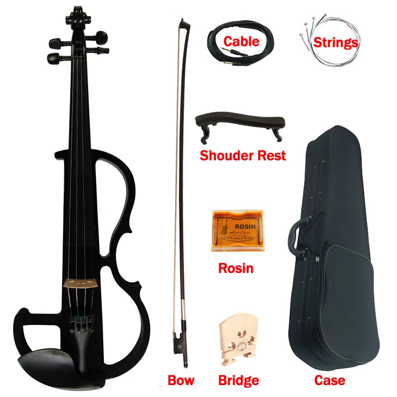 Advanced Art Full Size Purely Black Solid Wood Silent Violin 4/4 Ebony Fittings Parts  Electric Violin4/4