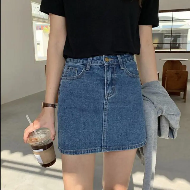 

Yauamdb Women Knee Length Skirts Summer S-xl Female Jeans Skirt High Waist Button Solid Clothing Pockets Ladies Clothes Ly41