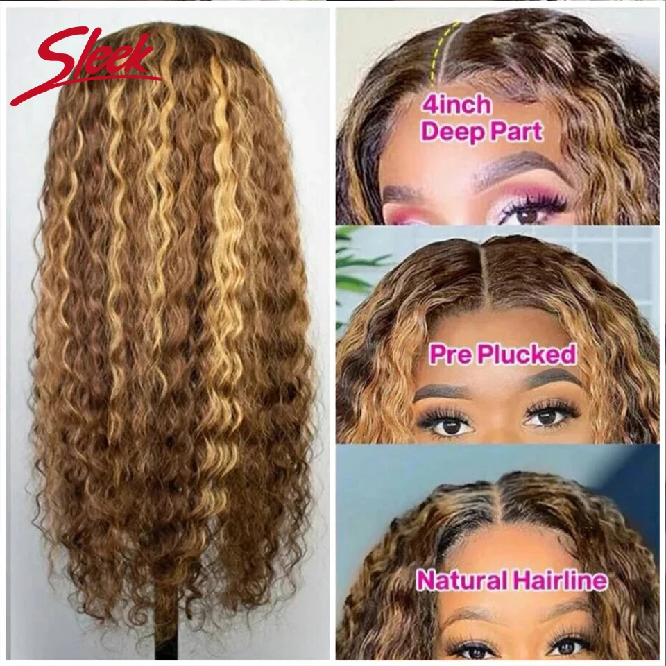 Sleek ไฮไลท์ P4/27 P6/27สีวิกผม Brazilian Deep Wave มนุษย์วิกผมลูกไม้ด้านหน้า Wigs ความหนาแน่น180% ผมสำหรับสีดำ