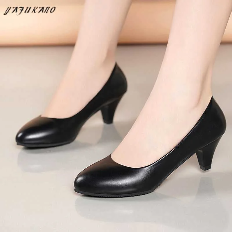 Women Leather Mid Heel Pumps 2024 New High Quality Shoes Classic Black High Heels Shoes for Office Ladies Shoes