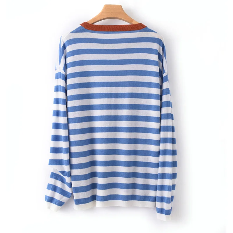 Spring Autumn Women O-Neck Warm Pullover 100% Worsted Wool Large Size Knit Sweater Lady Soft Comfort Cashmere Striped Thin Shirt