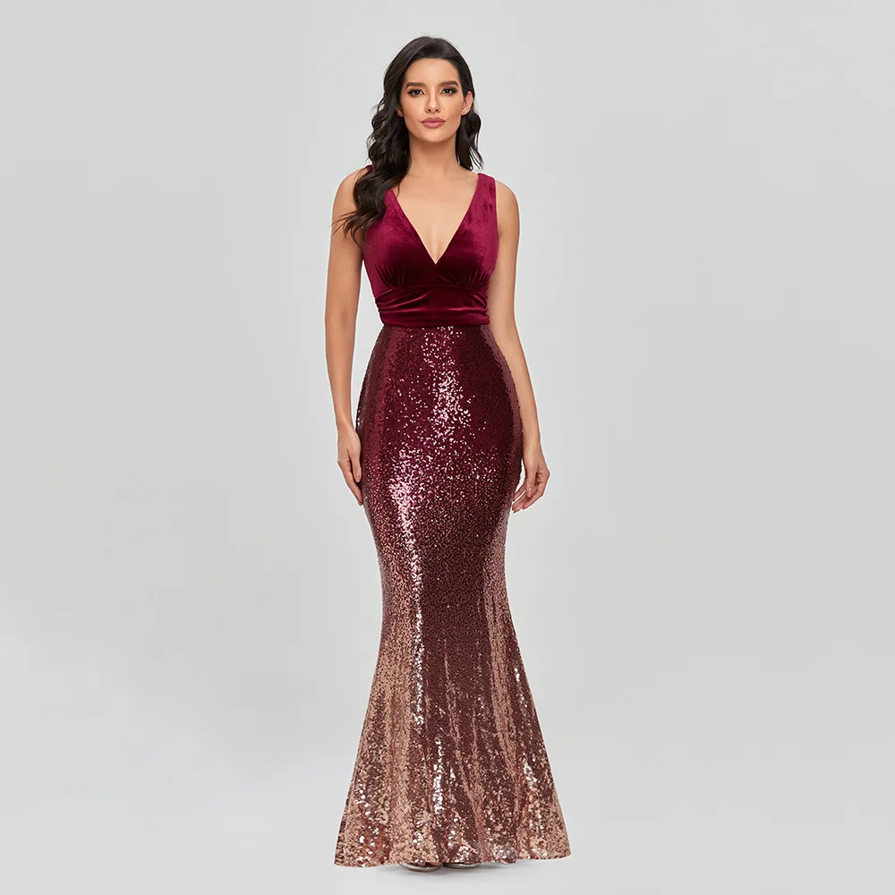 ในสต็อก Evening Mermaid V-Neck Sequins Sparkle ยาวตุรกีชุดราตรี Dresses Robe De Soiree