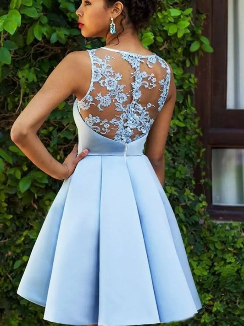 Vestido de baile curto azul-céu sexy 2021, vestido com babado de cetim sem mangas, lantejoulas, ocasião especial, homecomi