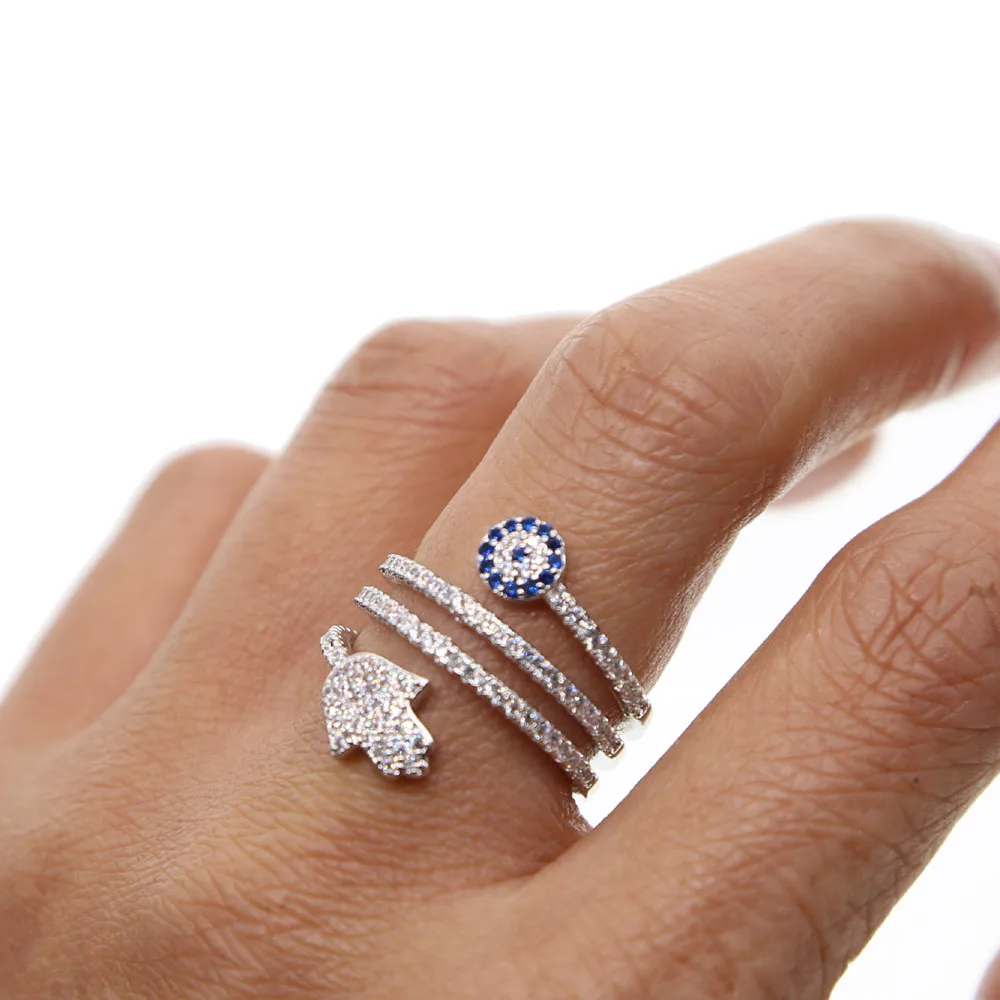 2024 High Quality Screw Twist Ring Pave White Blue Cubic Zirconia 5A CZ Fatima Hamsa Hand Round Eye Rings For Women Jewelry