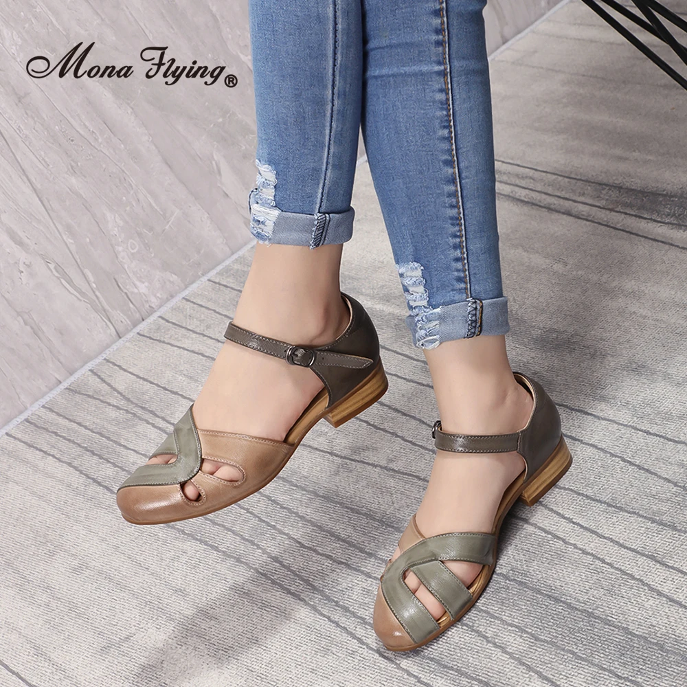 Mona Flying Women\'s Genuine Leather Closed Toe Sandals Slipper Ankle Strap Buckle Multicolor Elegant Casual Summer Shoes A068-G5