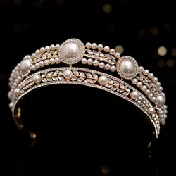 KMVEXO Luxury Gold Color Crystal Pearls Bridal Tiaras Crown Rhinestone Pageant Diadem 2021 Headbands Wedding Hair Accesspries