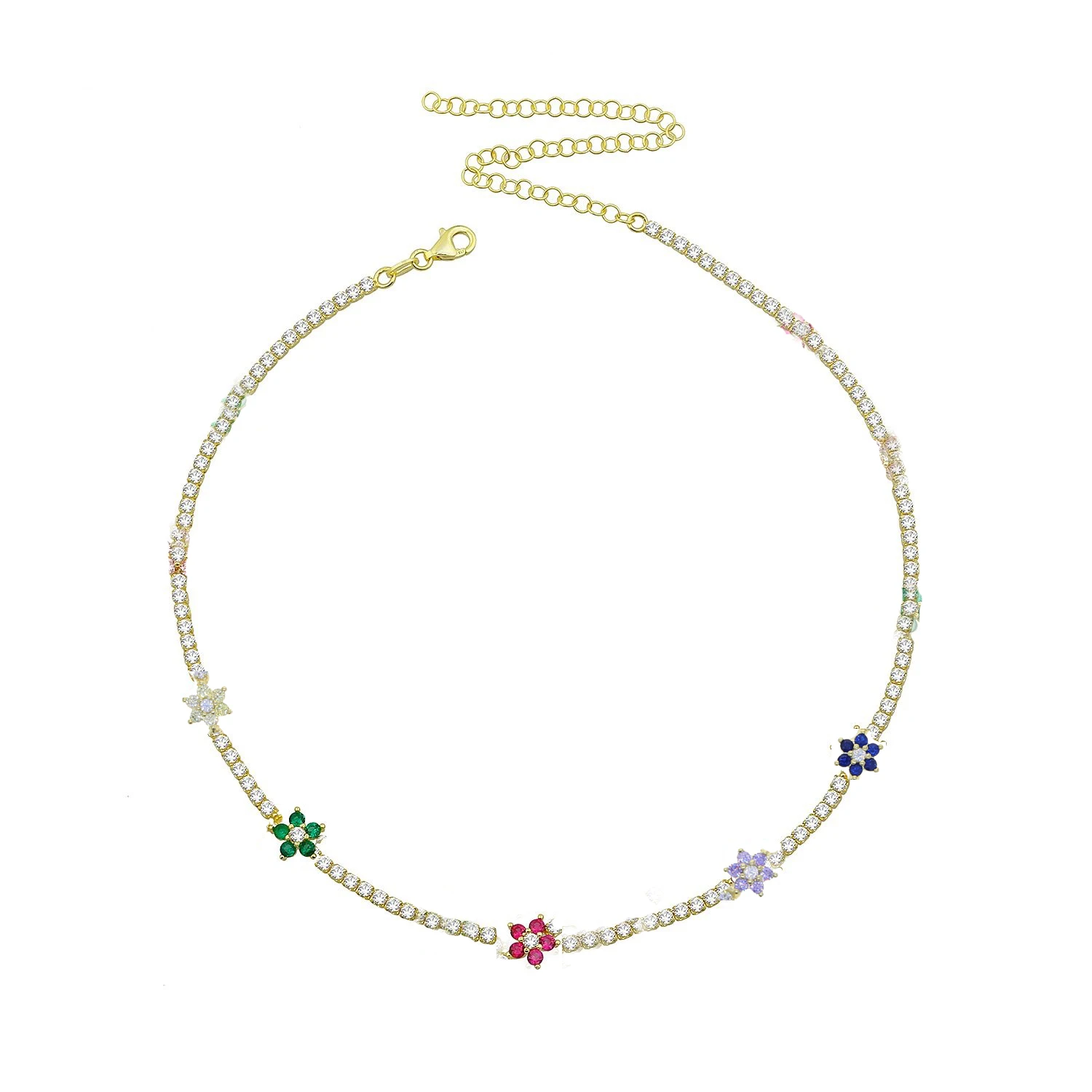 2026 Spring Summer Hot Fashion Women Jewelry 5A Cubic Zirconia CZ Tennis Chain Colorful Flower Charm Choker Necklace
