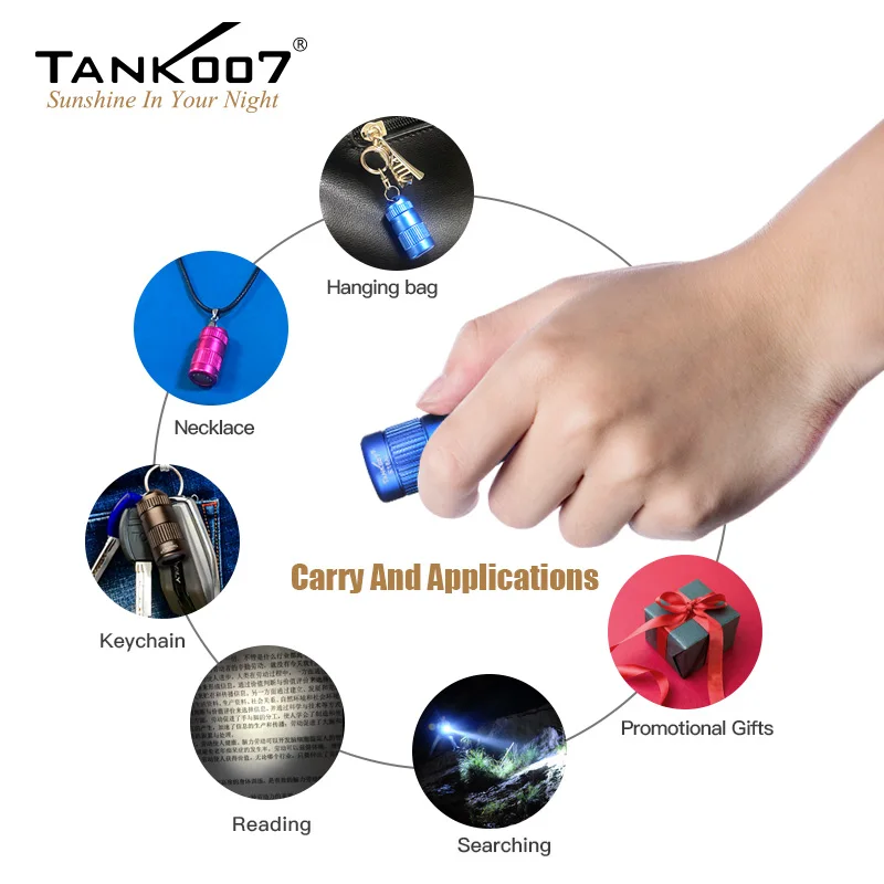 TANK007 Outdoor EDC Keychain Flashlight Mini 3W LED 100 Lumens Torch Waterproof 3 Button Cell Battery lightweight Portable