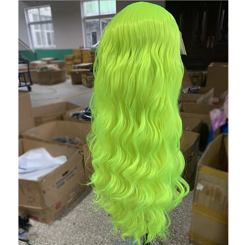 Vogue Queen Bright Yellow Green Loose Curly Synthetic Lace Front Wig Heat Resistant Fiber For Women