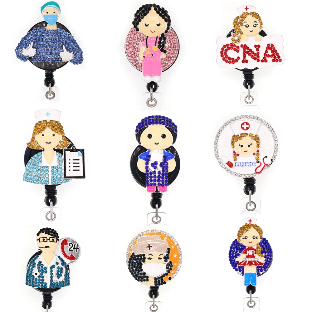 

10 pcs/lot Free Shipping Nurse/Doctor Rhinestone Retractable Id Badge Holder Reel