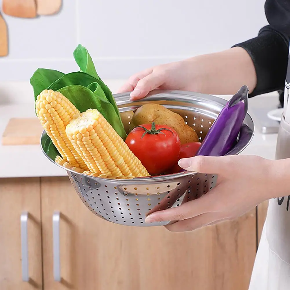 Kitchen Bowl Strainer Holes Washing Rice Sieve Strainer Fruits Vegetable Drain Bowl Stainless Steel Mesh Storage Basin Plate