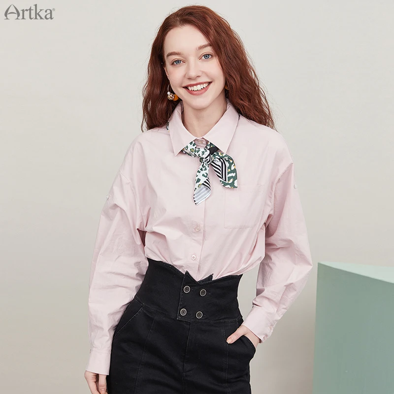 ARTKA 2020 Early Autumn New Women Blouses Fashion 4 Colors Pure Cotton Shirt Loose Casual Long Sleeve Shirts Free Gift SA25009Q