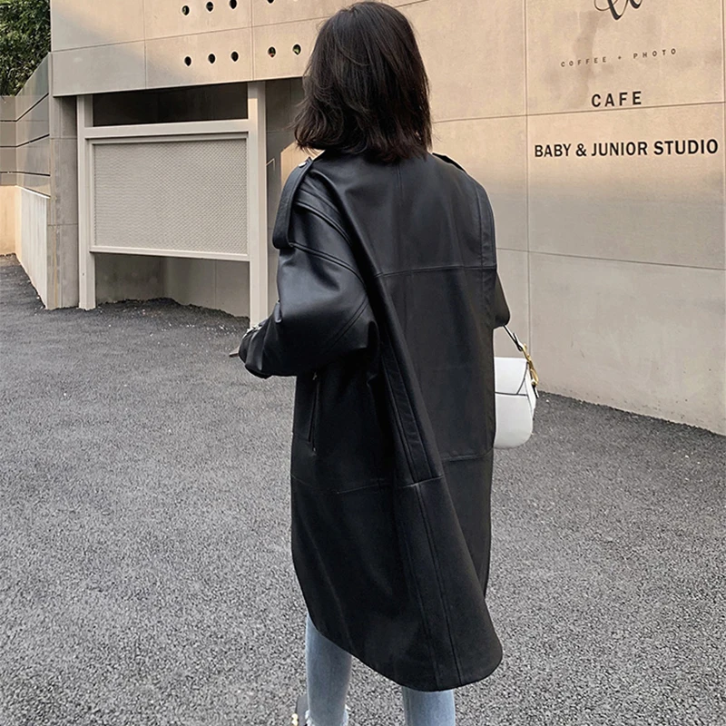 Nerazzurri Autumn Oversized Black Long Womens Leather Biker Jacket Long Sleeve Spring Loose Faux Leather Coat Streetwear 2022