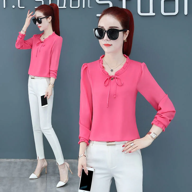 Women Spring Summer Style Chiffon Blouses Shirts Lady Casual Long Sleeve Stand Collar Blusas TOps RR0031