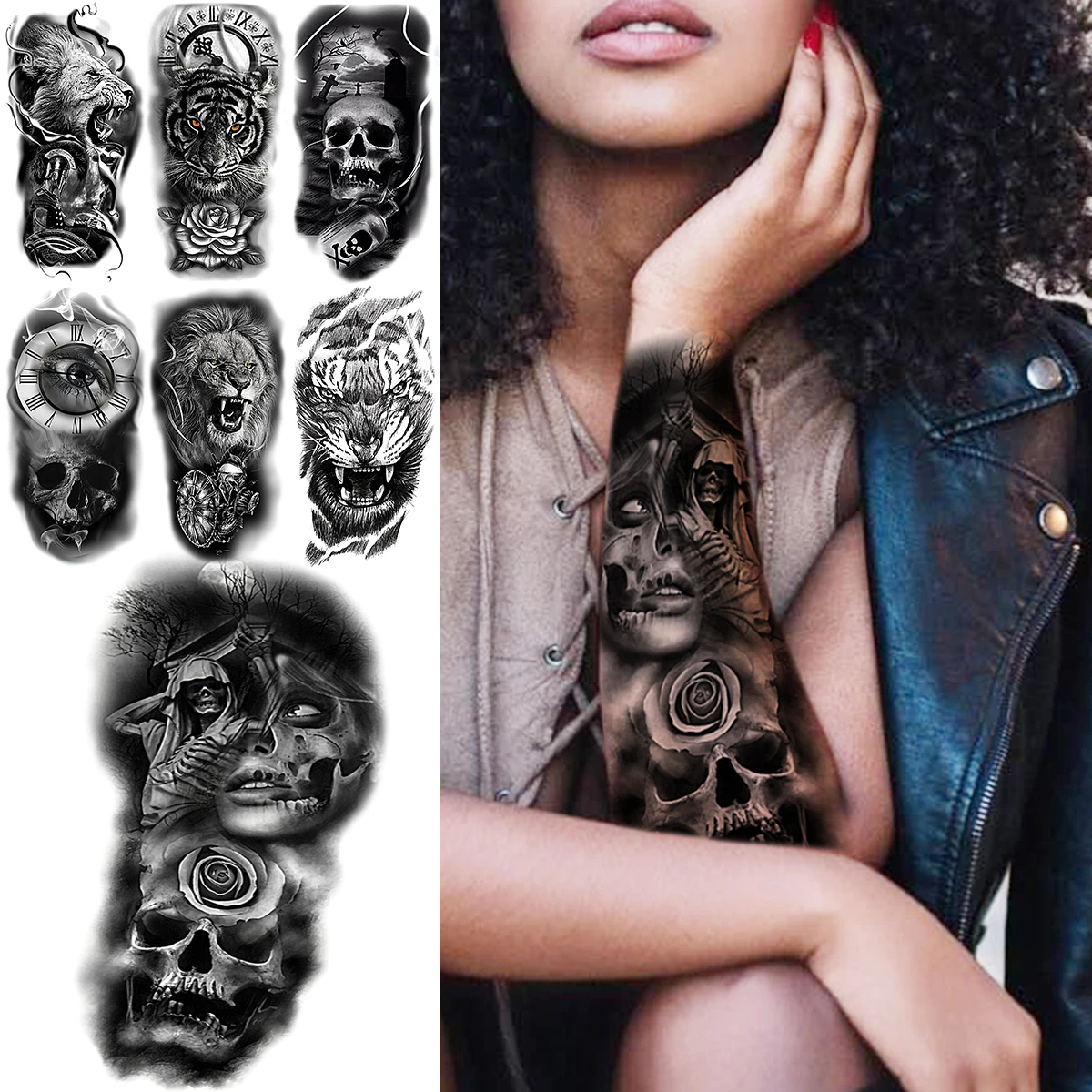 Realistic Skull Skeleton Halloween Temporary Tattoos For Women Men Tiger Lion Compass Fake Tattoo Waterproof Body Art Tatoos