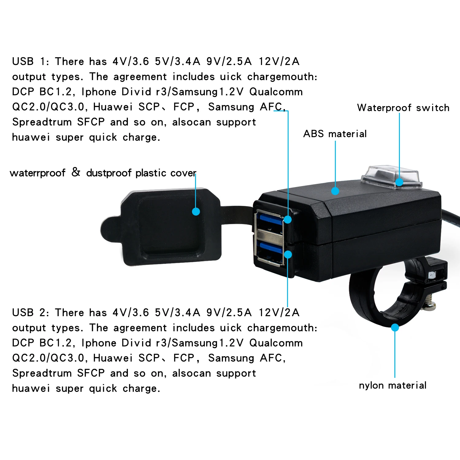 

QC3.0 USB зарядное устройство для мотоцикла, водонепроницаемое двойное USB быстросменное зарядное устройство 3,0 12 В, адаптер питания, универсальная зарядка для телефона