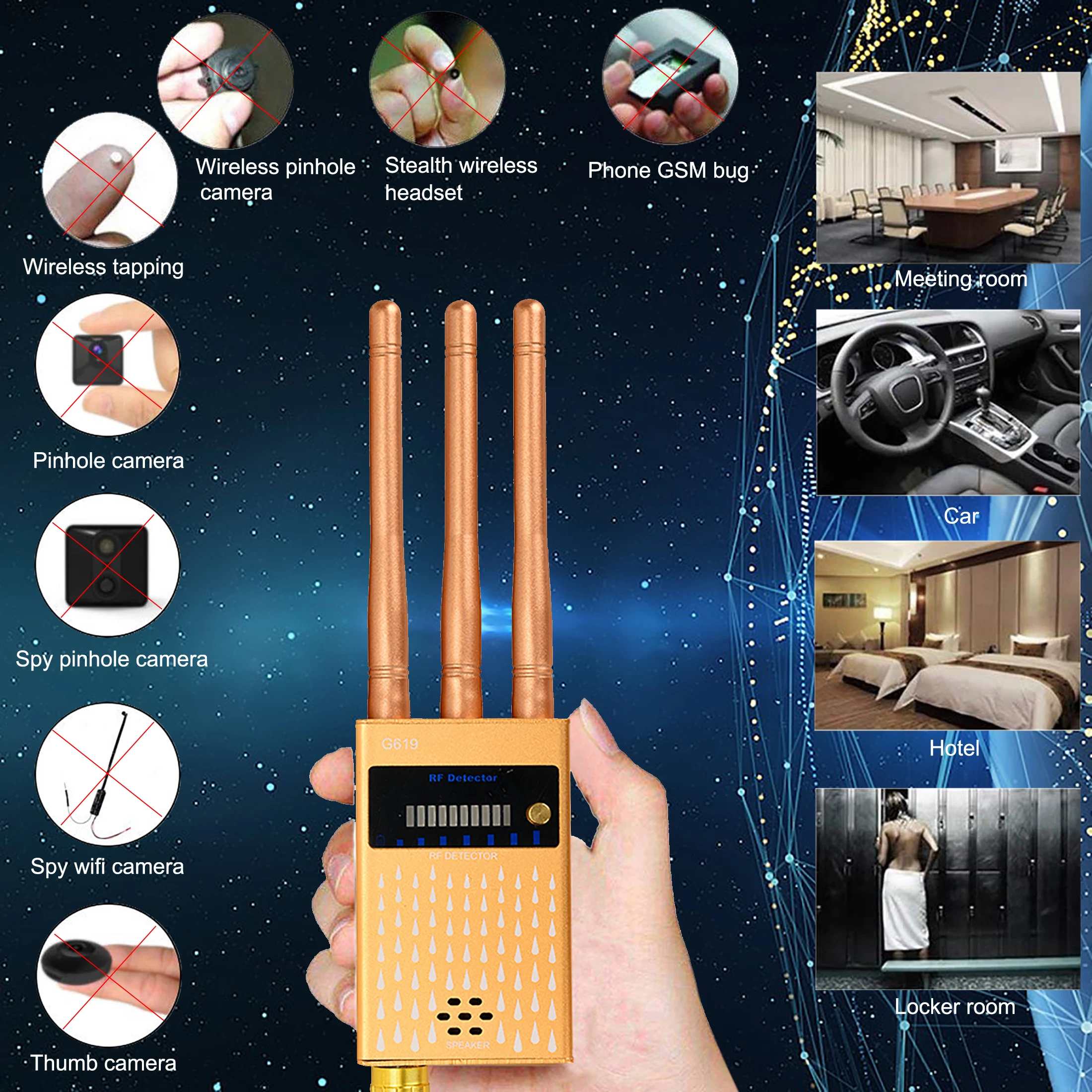 

G619 Professional Wireless RF CDMA Signal Detector GSM Bug GPS Tracker Detect Finder Radio Scanner Anti Candid Camera 3 Antennas