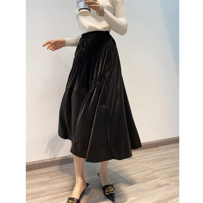 2023 Autumn Winter New Deerskin Velvet Mid-length Skirt Women's Irregular High Waist Large Hemlines A-line Skirt