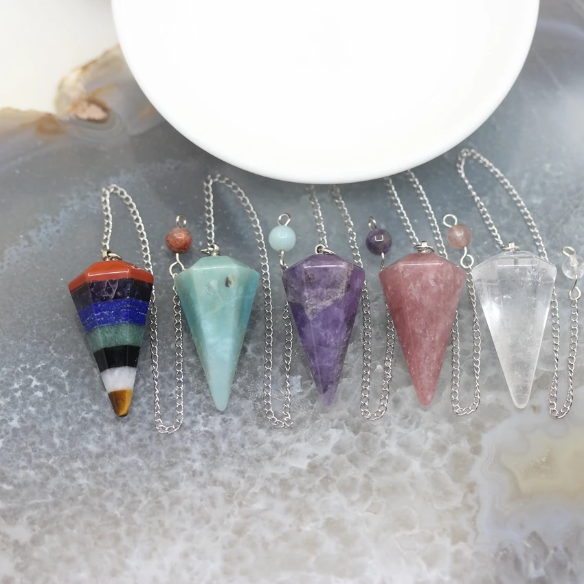 5pcs,17x36mm Natural Stone Crystal Pendulum Pendant,Amulet Healing Rainbow Layered Gems Meditation Hexagonal Point Charm Jewelry