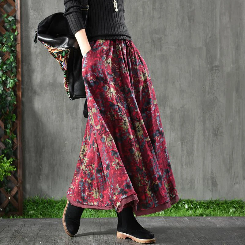 Spring Autumn New Arts Style Women High Waist Cotton A-line Long Skirt Vintage Print Loose Maxi Skirt Female Casual Skirt S272