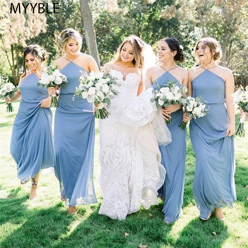 Western Country Dusty Blue Chiffon Bridesmaid Dresses Halter Sleeveless Boho Summer Maid Of Honor Gowns vestidos fiesta boda