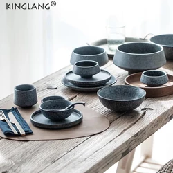 KINGLANG 1/2/4 Person Tableware Set Plates Ceramic Dinner Plate Set Looks Like Stone Grey Bowls