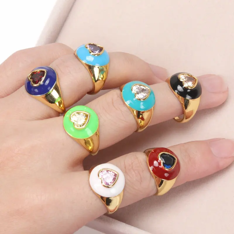 Sinzry 2021creative new oil dropping zircon heart ring fashion women adjustable CZ vintage ring