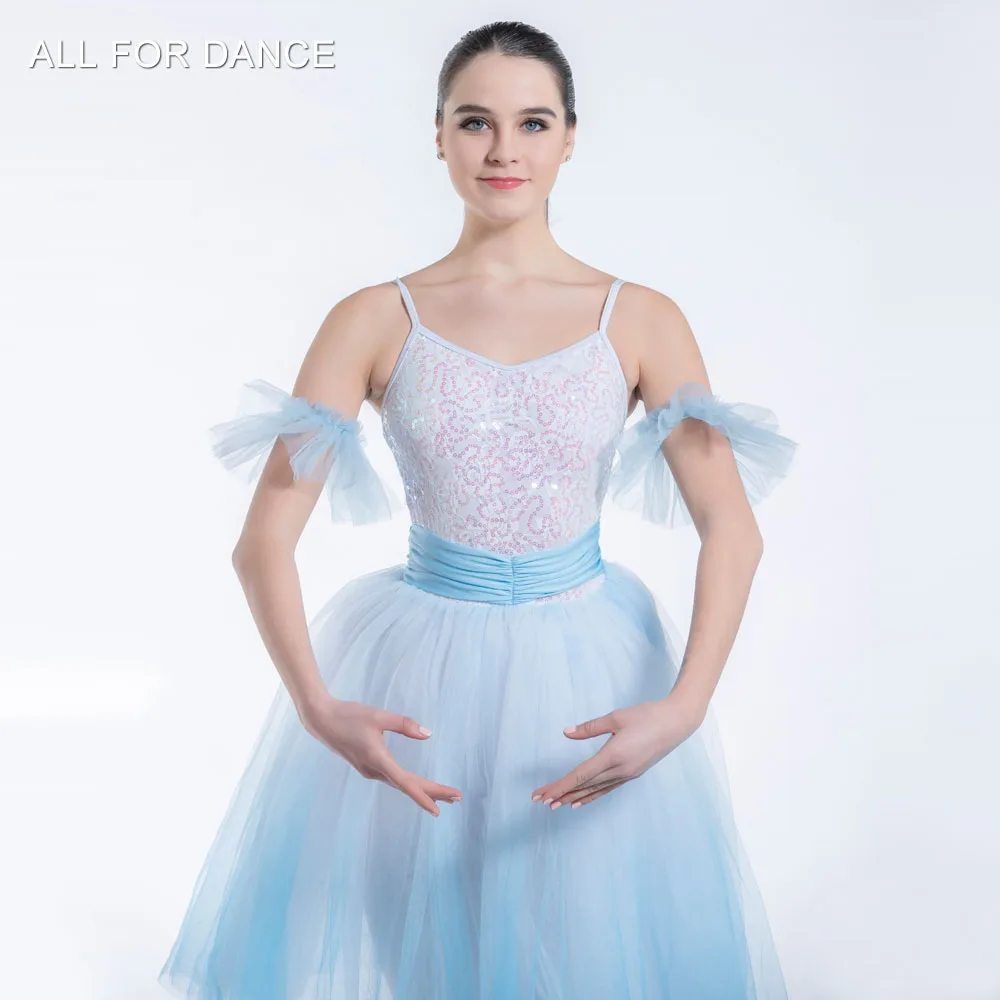 19163 New White Sequin Bodice Gradient Sky Blue Color Tulle Romantic Ballet Stage Dance Long Dress Performance Dancewear