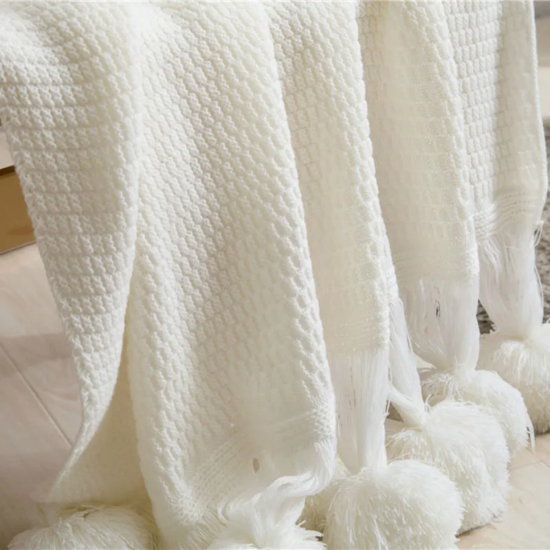 Nordic Simple Solid Color Knitted Blanket Sofa Blanket Photographic Prop Decorative Pom-Pom Blanket