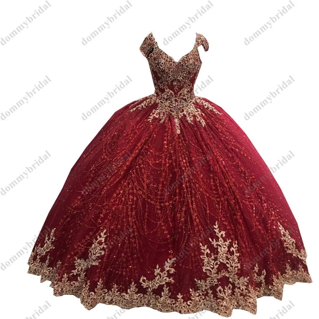 Vestido De 15 Ball Gown Burgundy Glitter Sequin Tulle 2023 Quinceanera Prom Dresses Gold Lace Embroidery Corset Crystal  Charro