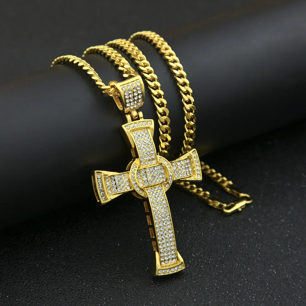 

Rhinestone Cross Pendant Necklace Gold Silver Alloy Crystal Crucifix Necklace Men Women Hip Hop Jewelry